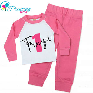 PERSONALISED NAME AND AGE PYJAMAS GIRLS, PINK WHITE PJS NAME