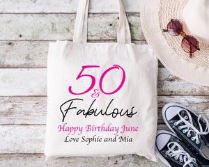 PERSONALISED 50th Birthday Gift Cotton Tote Bag- 50 & Fabulous