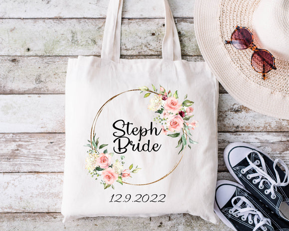 Personalised Bridesmaid Tote Bag Bridal Wedding Canvas Floral Rose Wreath Gift