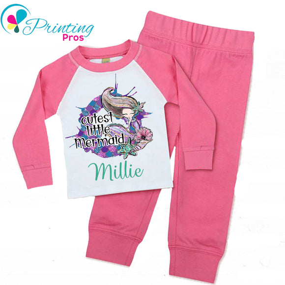 PERSONALISED CUTEST LITTLE MERMAID PYJAMAS GIRLS, Pink White PJs Name