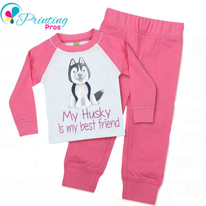 PERSONALISED MY HUSKY IS MY BEST FRIEND PYJAMAS GIRLS, Pink White PJs Name