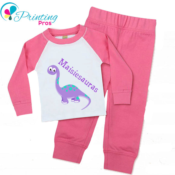 PERSONALISED DINOSAUR PYJAMAS GIRLS, Pink White PJs Name