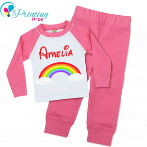 PRINCESS PERSONALISED RAINBOW PYJAMAS GIRLS, Pink White PJs Name