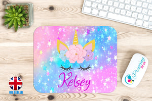 Personalised UNICORN Flower Mouse Mat Pad Kids PC Laptop Computer Room Girls Fantasy