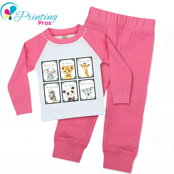 PERSONALISED ANIMAL SAFARI PYJAMAS GIRLS, Pink White PJs Name